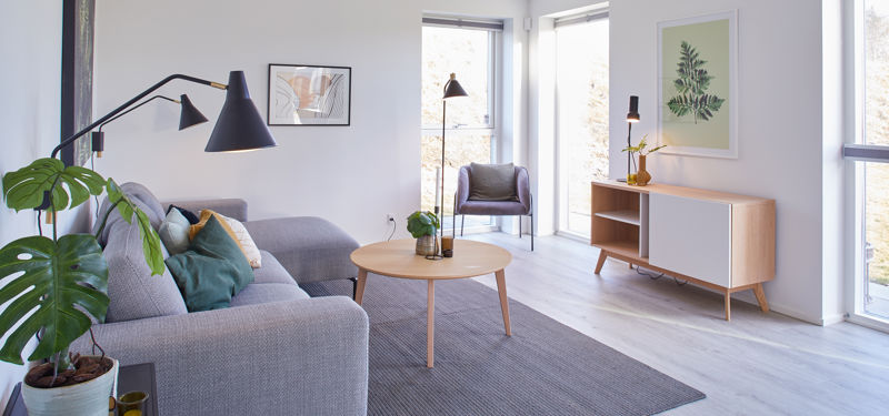 Lys og moderne stue med grå sofa, træmøbler, grønne planter og store vinduer, der skaber et indbydende rum med masser af dagslys i det nye hus.
