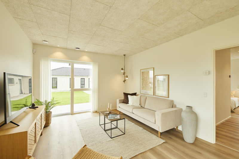 Lys stue fra eurodan-huse med beige sofa, sorte sofaborde, stort lyst tæppe, tv på træskænk, grøn plante i kurv, akustikloft og bredt vinduesparti mod haven – inspiration til nybyggeri, husbyggeri og moderne husdrømme.