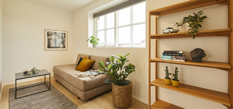 Fleksibelt værelse fra eurodan-huse indrettet med beige daybed, sort sofabord, mønstret tæppe, stor plante, bredt vindue og åben træreol med bøger og dekoration – inspiration til gæsteværelse, kontor og moderne nybyggeri.