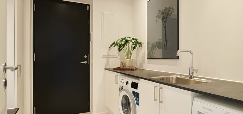 Bryggers fra eurodan-huse med sort yderdør, hvid vaskemaskine under mørk bordplade, vask i rustfrit stål, grøn plante på bordet og enkel vægkunst over arbejdszonen – inspiration til moderne nybyggeri, praktisk husbyggeri og funktionelle husdrømme.