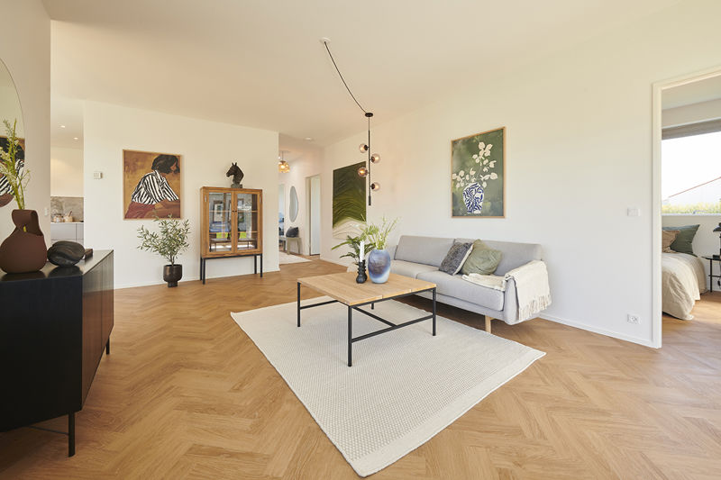 Stue fra eurodan-huse med grå sofa, lyst tæppe, firkantet sofabord i træ og sort metal, kunst på væggene, trævitrine og kig mod gang og værelse – konkret inspiration til nybyggeri, husbyggeri og indretning af opholdsrum.