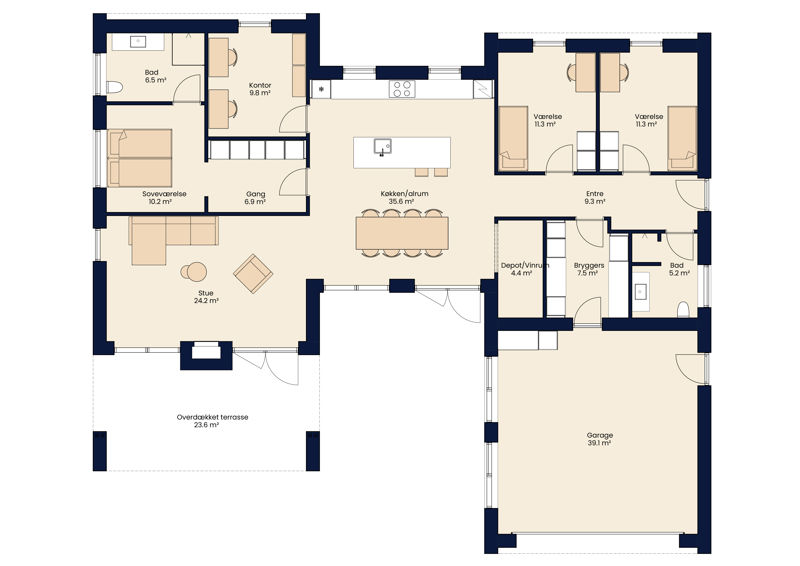 Plantegning af barnhouse på 172 m² med køkken-alrum, stue, kontor, børneafdeling, forældreafdeling, overdækket terrasse og garage