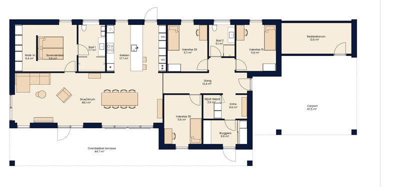 Plantegning af arkitektonisk udstillingshus fra eurodan-huse med stort køkkenalrum, stue, soveværelse med walk-in, flere værelser, bryggers, overdækket terrasse og carport med redskabsrum, der viser en gennemtænkt planløsning til moderne nybyggeri, husbyggeri og et funktionelt nyt familiehus.