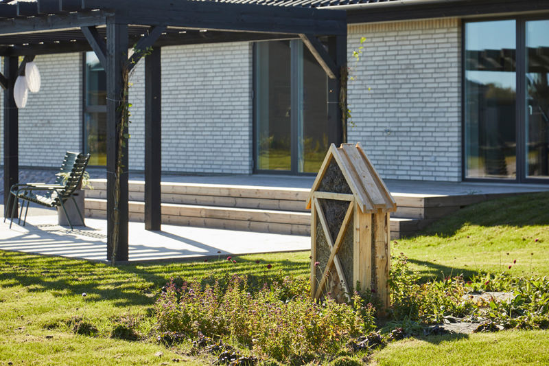 Have ved moderne længehus i nybyggeri med pergola, træterrasse, store vinduespartier og insekthotel – inspiration til bæredygtigt husbyggeri.