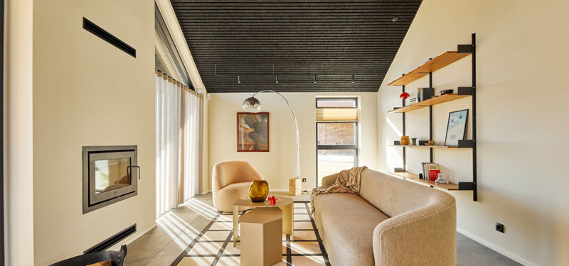 Stue fra eurodan-huse med sort akustikloft, indbygget pejs, beige sofa, væghængte træhylder, firkantet sofabord, krom gulvlampe og stort ternet gulvtæppe – inspiration til nybyggeri, husbyggeri og moderne stueindretning.