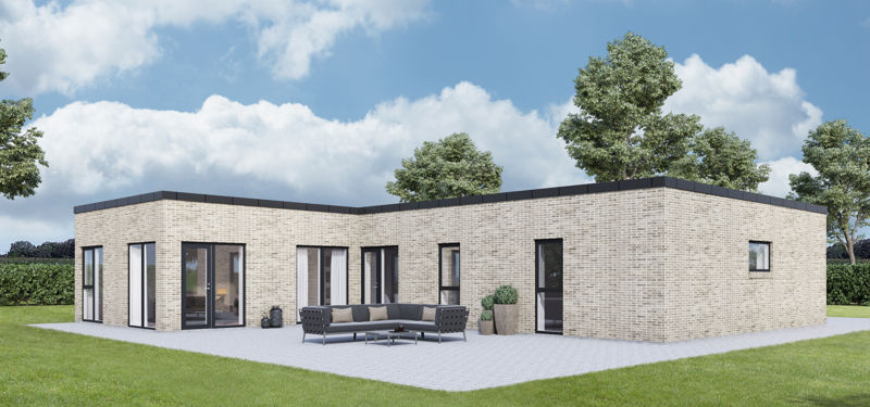 Moderne hus fra eurodan-huse med lyse mursten, fladt tag, sorte vinduespartier og flisebelagt terrasse, der giver inspiration til husdrømme.