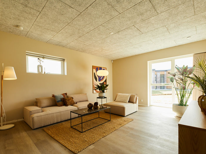 Stue fra eurodan-huse med beige sofa, matchende chaiselong, sort metalsofabord, stort vævet gulvtæppe, høj gulvlampe, grønne planter og stort vinduesparti med dagslys – inspiration til nybyggeri, husbyggeri og indbydende husdrømme.