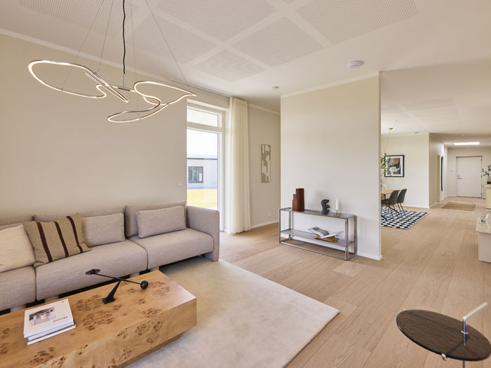 Stue i nybyggeri med trægulv, moderne sofa, dekorativ pendel og skillevæg mellem stuen og køkken-alrummet.