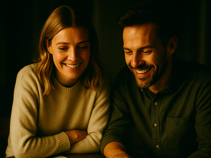 Smilende par sidder sammen og ser på en plantegning til deres kommende nybyggeri, mens de planlægger boligens indretning og deres fælles husdrømme.