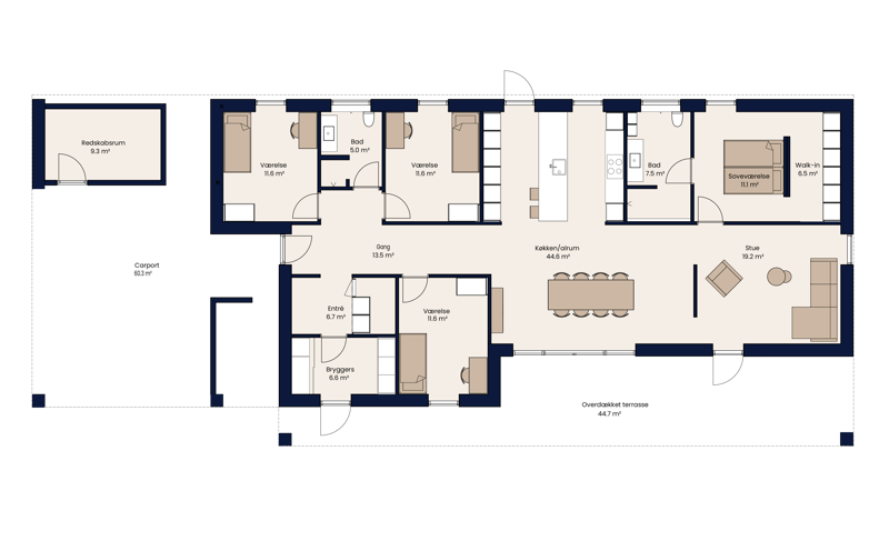 Plantegning af moderne familiehus med køkken-alrum, stue, forældresoveværelse med walk-in og eget bad, tre børneværelser, ekstra bad, bryggers, carport, redskabsrum og stor overdækket terrasse.