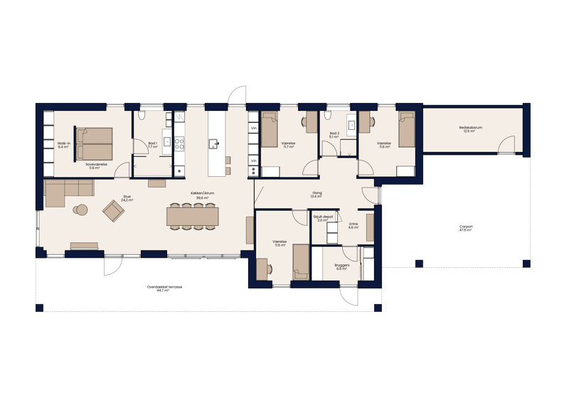 Plantegning af arkitektonisk udstillingshus fra eurodan-huse med åbent køkkenalrum, stue, soveværelse med walk-in, flere værelser, bryggers, overdækket terrasse og carport med redskabsrum, der viser en funktionel planløsning til moderne nybyggeri, husbyggeri og et nyt familiehus.