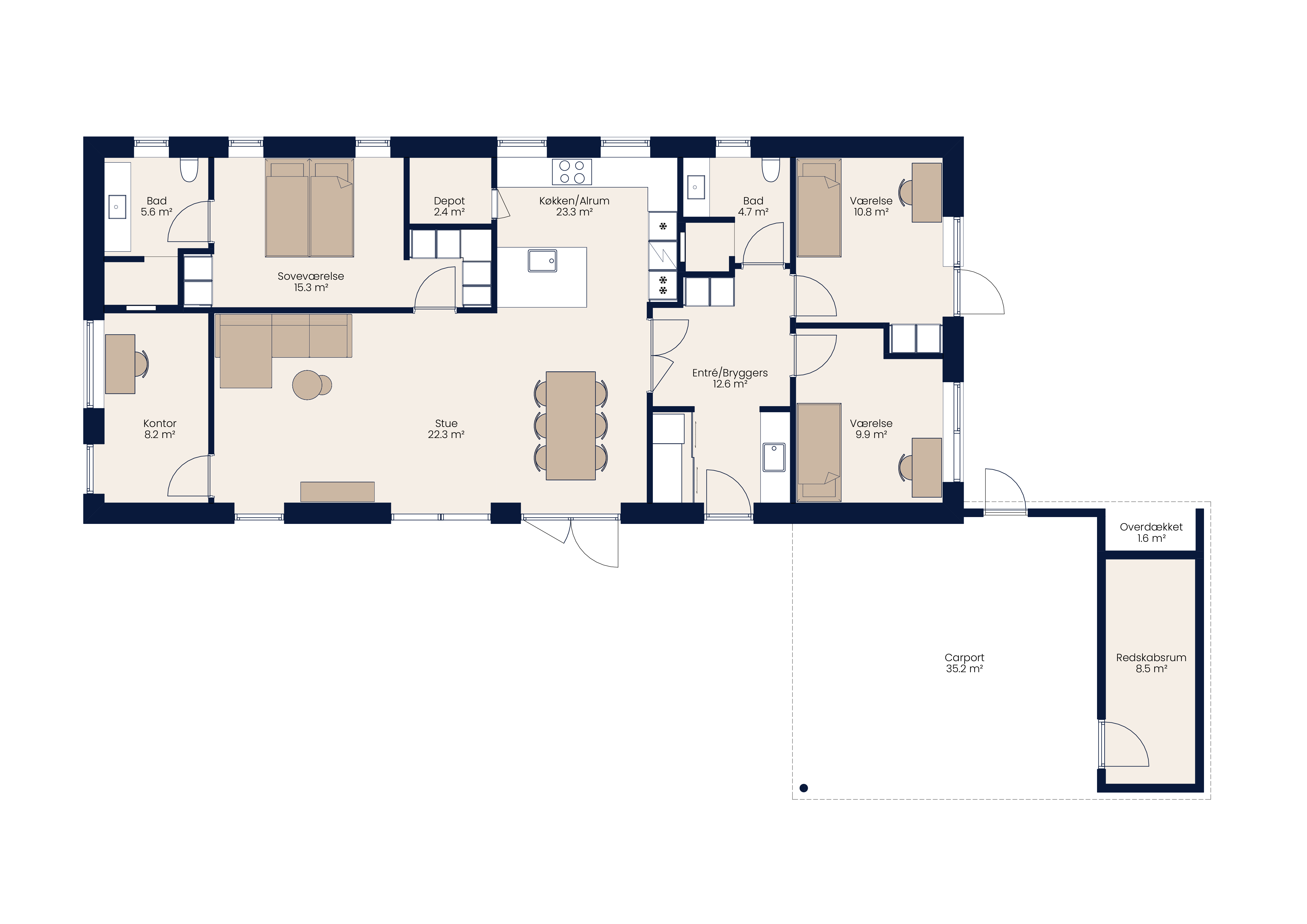 Plantegning af nybygget længehus på 140 m² med køkken-alrum, stue, tre værelser, kontor, depot og praktisk entré-bryggers