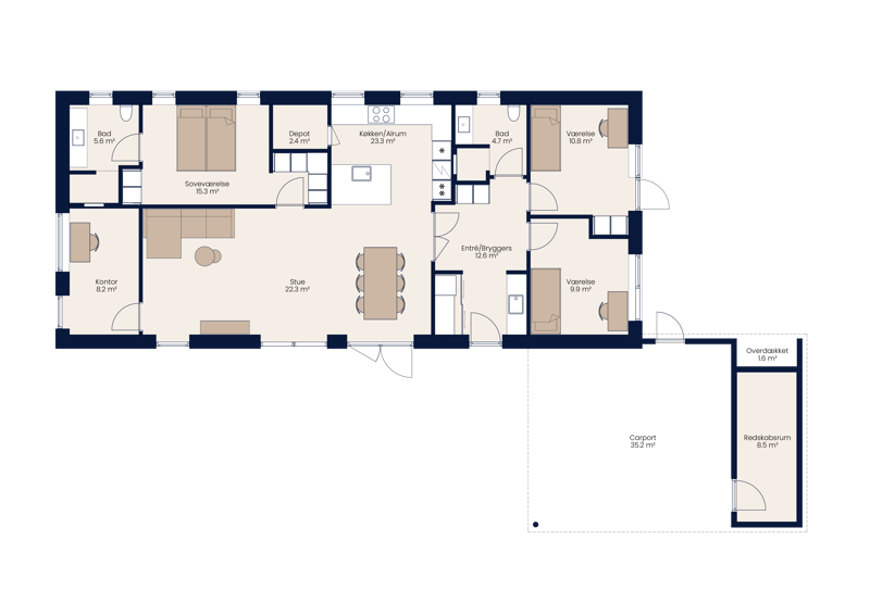 Plantegning af nybygget længehus på 140 m² med køkken-alrum, stue, tre værelser, kontor, depot og praktisk entré-bryggers