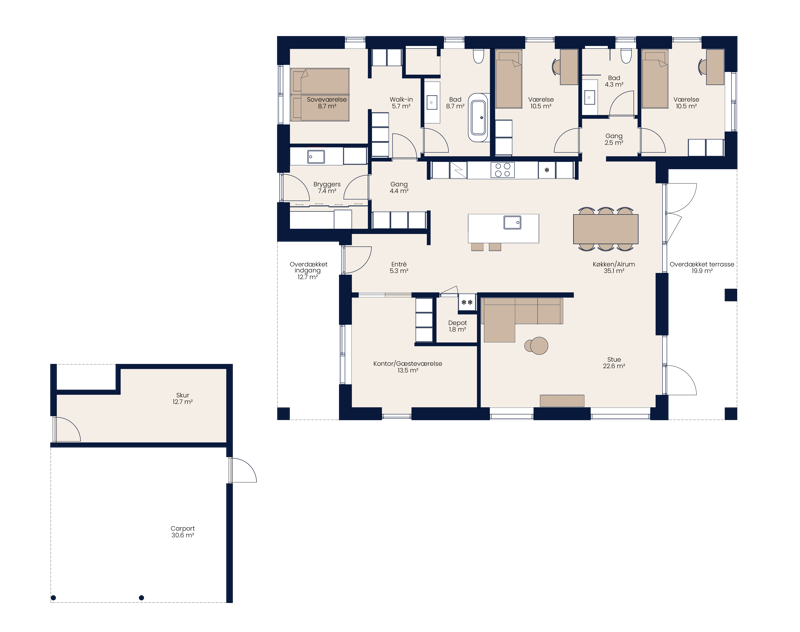 Plantegning af moderne længehus på 170 m² med køkken-alrum, stue, voksenafdeling og børneafdeling