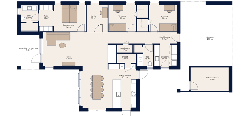 Plantegning af nybygget vinkelhus på 172 m² med køkken-alrum, stue, forældreafdeling og børneafdeling