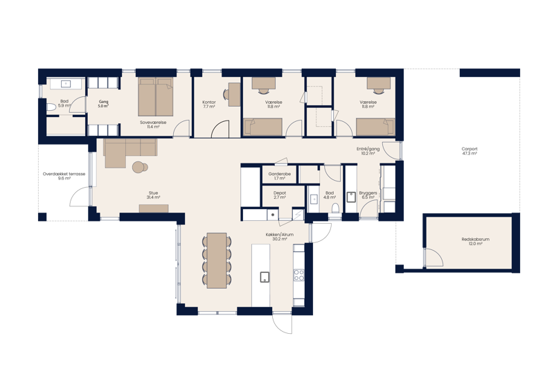 Plantegning af nybygget vinkelhus på 172 m² med køkken-alrum, stue, forældreafdeling og børneafdeling
