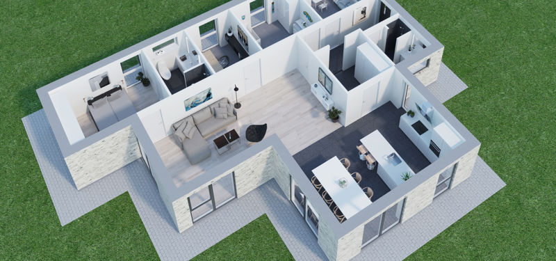 3D-plantegning fra eurodan-huse med åbent køkken-alrum, stue, flere værelser og separate badeværelser til moderne husdrømme.