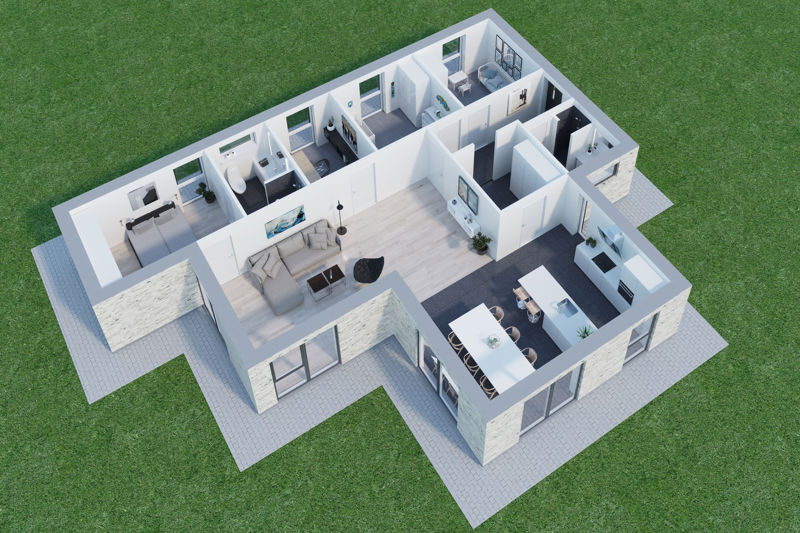 3D-plantegning fra eurodan-huse med åbent køkken-alrum, stue, flere værelser og separate badeværelser til moderne husdrømme.