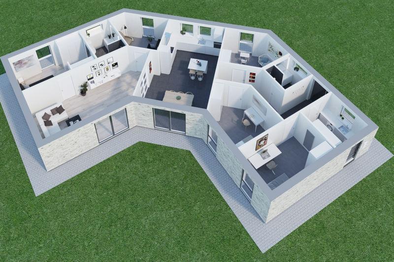 3D-visualisering af en vinkelformet plantegning med køkken-alrum, stue, flere værelser og badeværelser – inspiration til indretningen af et nyt eurodan-hus.