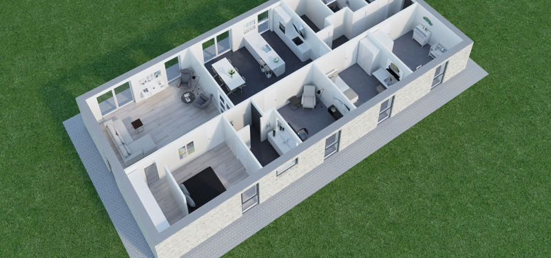 3D-visualisering af plantegningen til et nybygget længehus med køkken-alrum, stue, værelser og badeværelser.