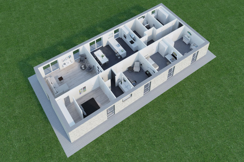 3D-visualisering af plantegningen til et nybygget længehus med køkken-alrum, stue, værelser og badeværelser.