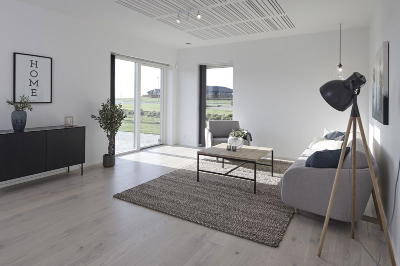 Minimalistisk stue fra eurodan-huse med lysegrå sofa, stort vævet gulvtæppe, rektangulært sofabord, sort standerlampe, sort skænk med plakat over, høje vinduespartier og akustikloft med integrerede spor – inspiration til nybyggeri, husbyggeri og en lys stue i nybygget hus.