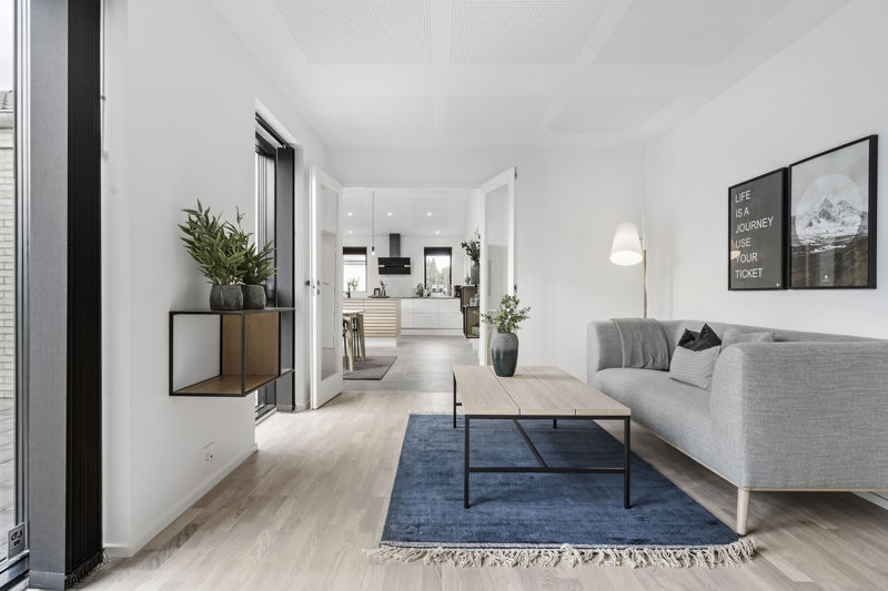 Lang stue fra eurodan-huse med lysegrå sofa, stort sofabord i træ og sort metal, blåt gulvtæppe med frynser, væghængt plantehylde, sort terrassedør og åbne dobbeltdøre mod køkken-alrum – inspiration til nybyggeri, husbyggeri og sammenhængende opholdsrum.