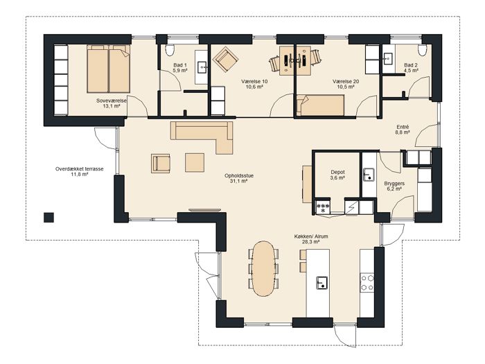 Plantegning af nyt hus med køkken-alrum, stue, tre værelser, to badeværelser, bryggers og overdækket terrasse.