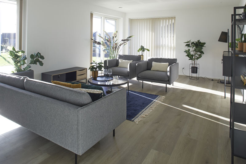 Stue fra eurodan-huse med grå sofa, to grå lænestole, rundt glasbord, mørkeblåt tæppe, lave tv-møbler, sorte reoler, store vinduer, lodrette lameller og flere grønne planter – konkret inspiration til nybyggeri, husbyggeri og lyse husdrømme.