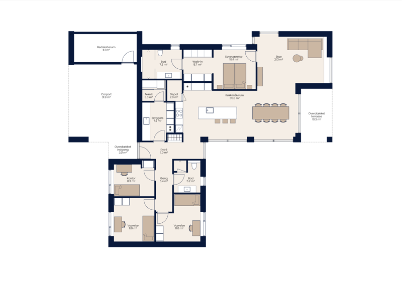 Plantegning fra eurodan-huse med køkken-alrum, stue, værelser, soveværelse, bryggers, depot, bad og overdækket terrasse – inspiration til funktionel planløsning, nybyggeri og moderne husdrømme.