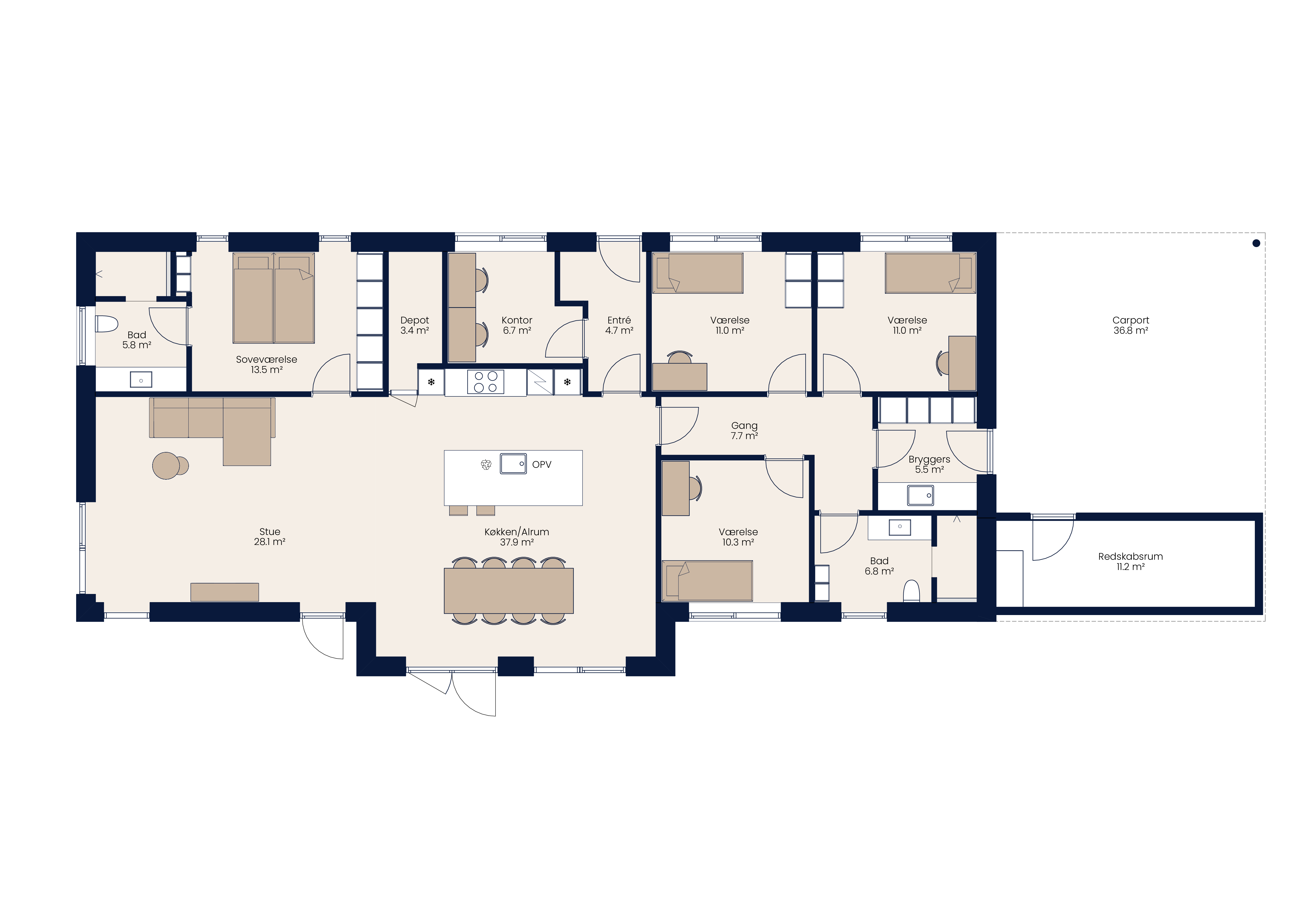 Plantegning fra eurodan-huse med køkken-alrum, stue, soveværelse, børneværelser, kontor, bryggers, depot, badeværelser og carport – inspiration til familievenlig planløsning, nybyggeri og husdrømme.