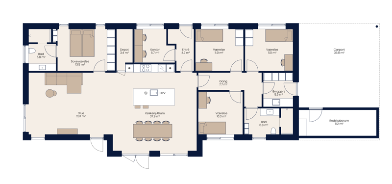Plantegning fra eurodan-huse med køkken-alrum, stue, soveværelse, børneværelser, kontor, bryggers, depot, badeværelser og carport – inspiration til familievenlig planløsning, nybyggeri og husdrømme.