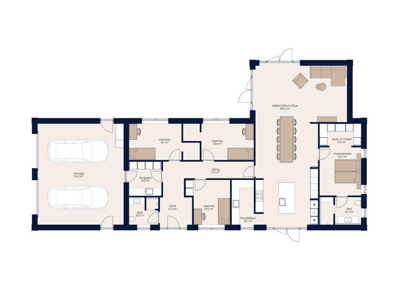 Plantegning af vinkelhus på 194 m² med dobbeltgarage og separat børne- og forældreafdeling