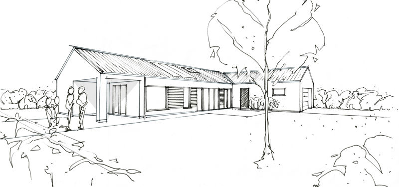 Arkitektskitse fra eurodan-huse af et moderne drømmehus med saddeltag, store vinduespartier, overdækket terrasse og grønne omgivelser.