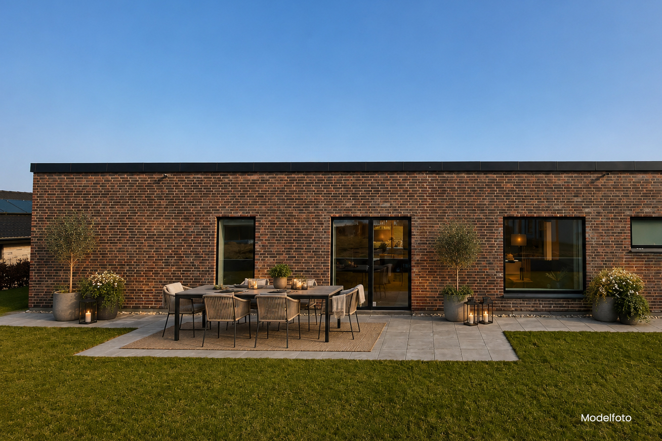 Moderne nybygget drømmehus i røde mursten med terrasse og have fra eurodan-huse.