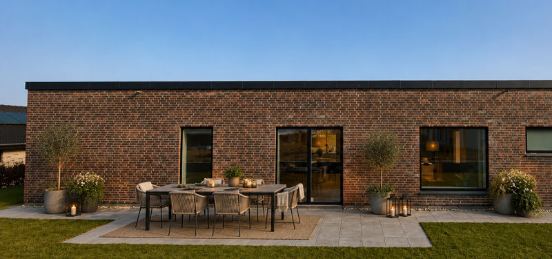 Moderne nybygget drømmehus i røde mursten med terrasse og have fra eurodan-huse.