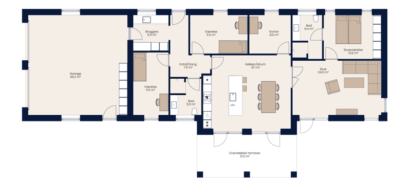 Plantegning af vinkelhus på 150 m² med separat køkken-alrum og stue, soveværelse, to værelser, kontor, to badeværelser, bryggers, garage og overdækket terrasse – inspiration til nybyg og familiens husdrømme.
