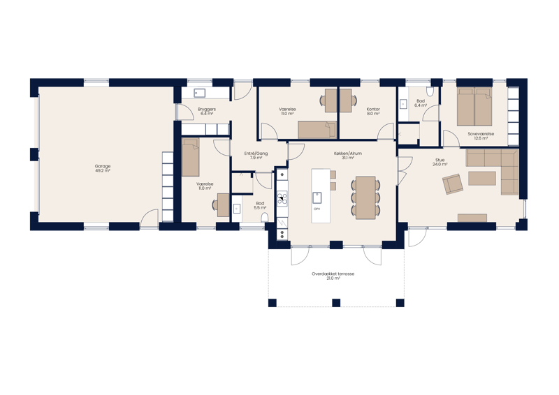 Plantegning af vinkelhus på 150 m² med separat køkken-alrum og stue, soveværelse, to værelser, kontor, to badeværelser, bryggers, garage og overdækket terrasse – inspiration til nybyg og familiens husdrømme.