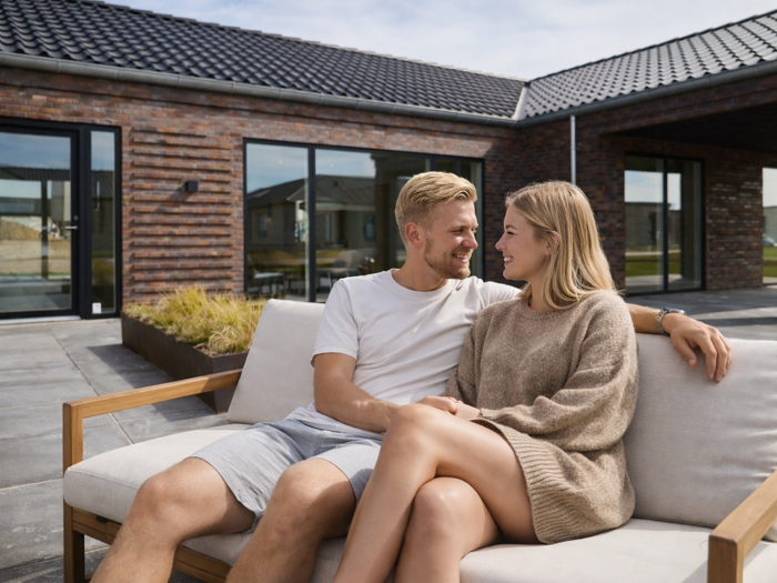 Par nyder terrassen foran deres drømmehus fra eurodan-huse med mørke mursten, sorte vinduespartier og overdækket uderum.