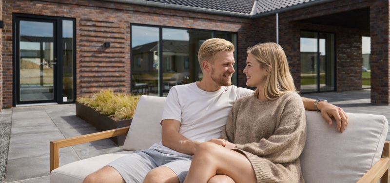 Par nyder terrassen foran deres drømmehus fra eurodan-huse med mørke mursten, sorte vinduespartier og overdækket uderum.