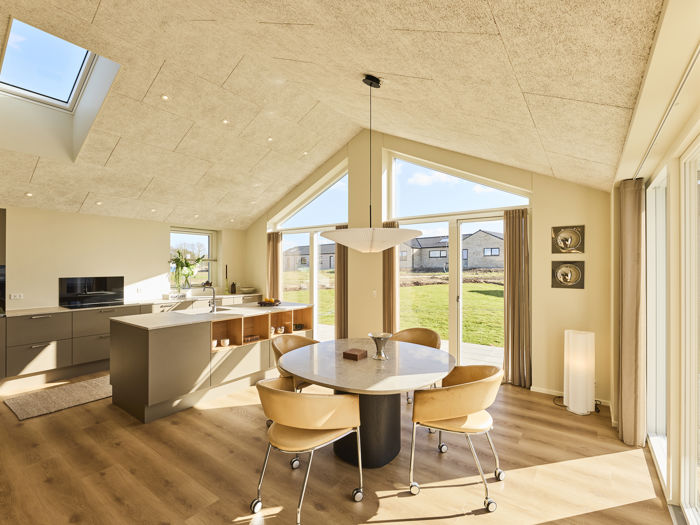 Moderne køkken-alrum i nybyggeri med køkkenø, spiseplads og loft til kip med ovenlys