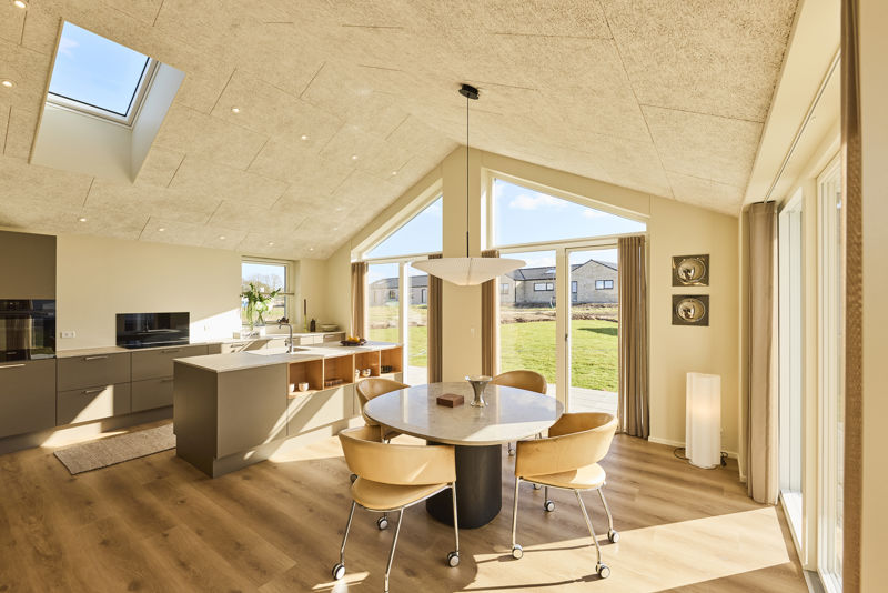 Moderne køkken-alrum i nybyggeri med køkkenø, spiseplads og loft til kip med ovenlys