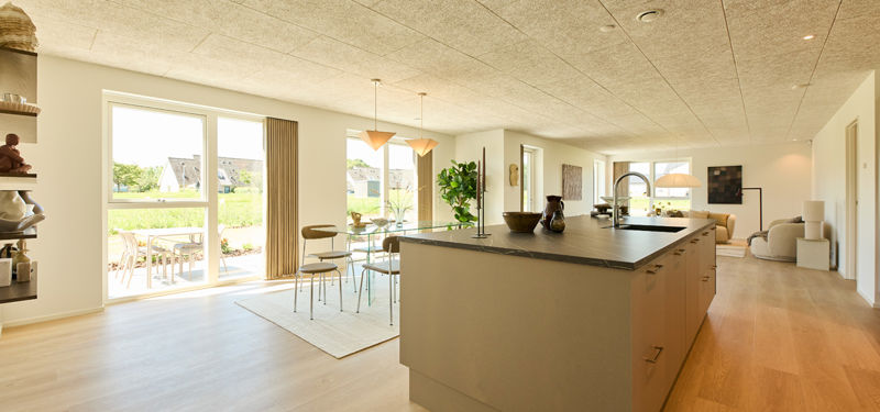 Alrum fra eurodan-huse med stor køkkenø, sort armatur, spiseplads med glasbord, brede glaspartier og direkte udgang til terrasse – inspiration til nybyggeri med lys, luft og husdrømme.